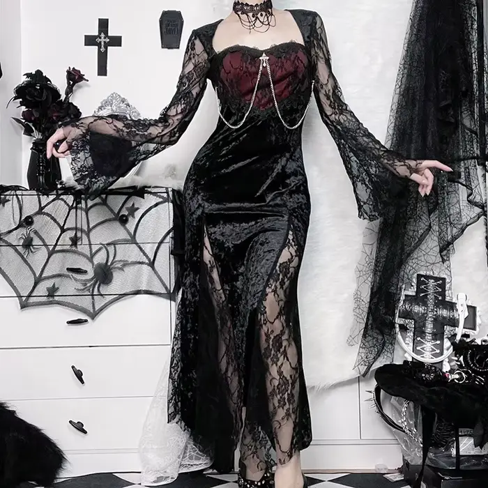 Robe gothique élégante en velours et dentelle patchwork pour femmes, idéale pour soirées gothiques et streetwear