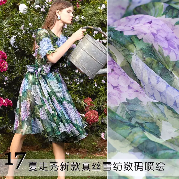 Tissu en mousseline de soie naturelle hortensia feuilles vertes peluche pour robe Tecido Tulle Seda 