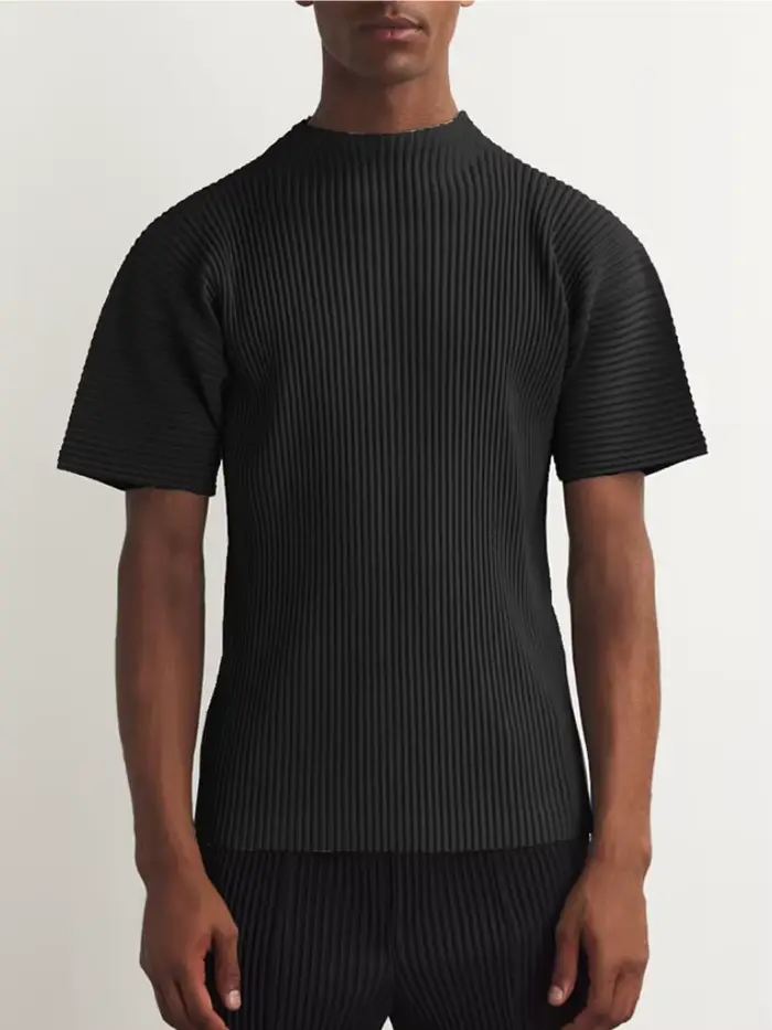 Vêtements plissés Miyake, t-shirt à manches courtes pour homme, haut à col roulé noir tendance