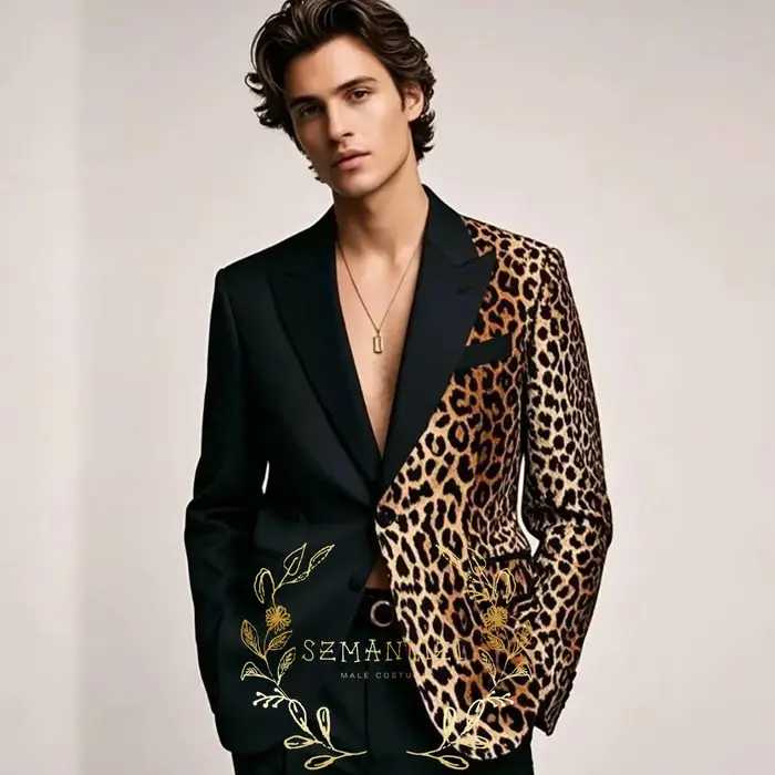Costumes noirs à la mode pour hommes, imprimé léopard, revers à pointe, coupe cintrée, veste 2 pièce