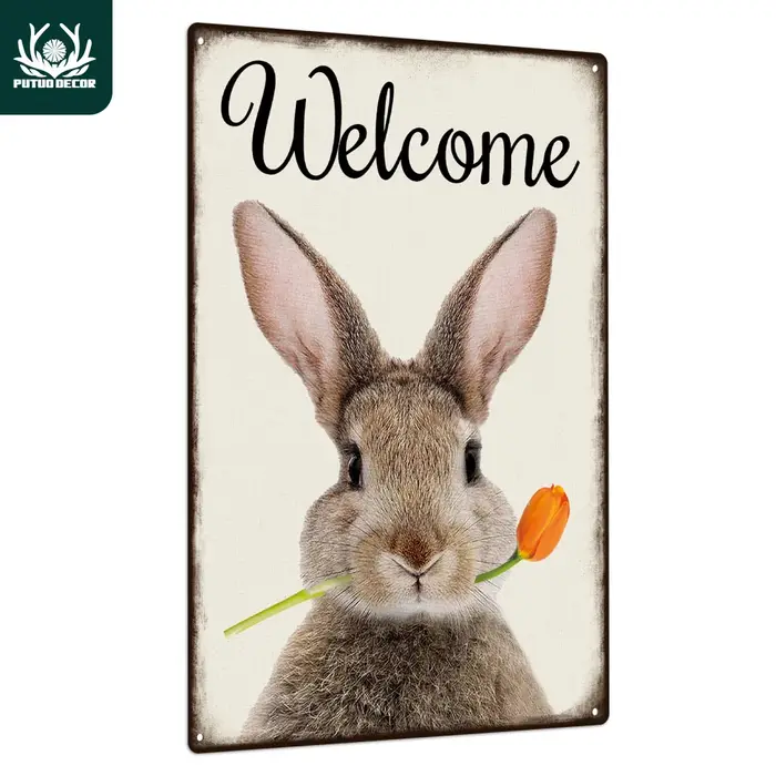 Putuo Decor-Panneau de bienvenue en métal, décor d'art mural lapin vintage, maison, jardin, ferme, 7