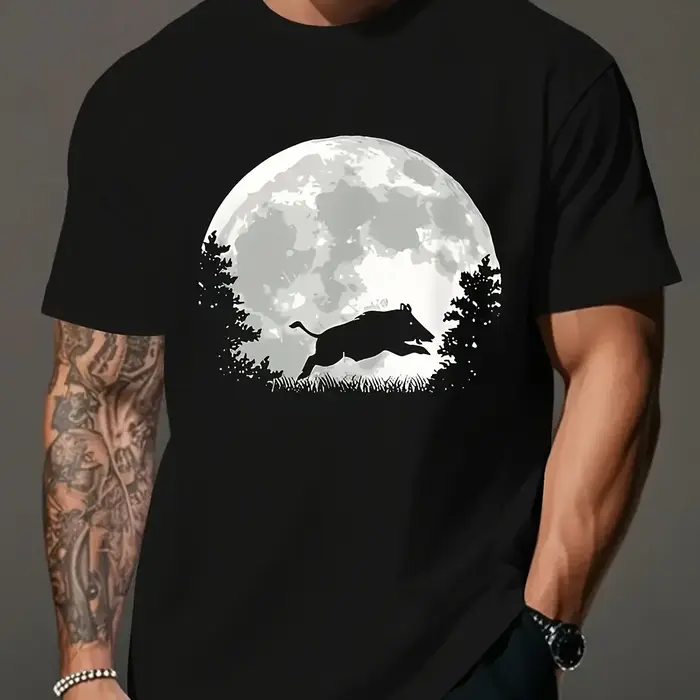 Wild Boar Moon Graphic T-Shirt en coton pour hommes, respirant, manches courtes, décontracté, pour l