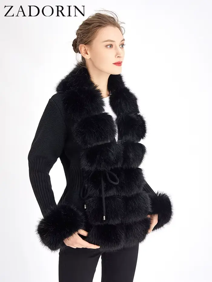 ZADORIN luxe fourrure Cardigan tricot hiver pull femmes élégant détachable fourrure ceinture blanc r