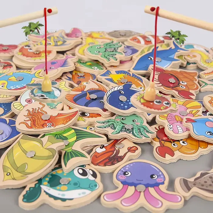 Jouets de pêche magnétiques, ensemble de jeu pour enfants, canne à pêche en bois de dessin animé Mon