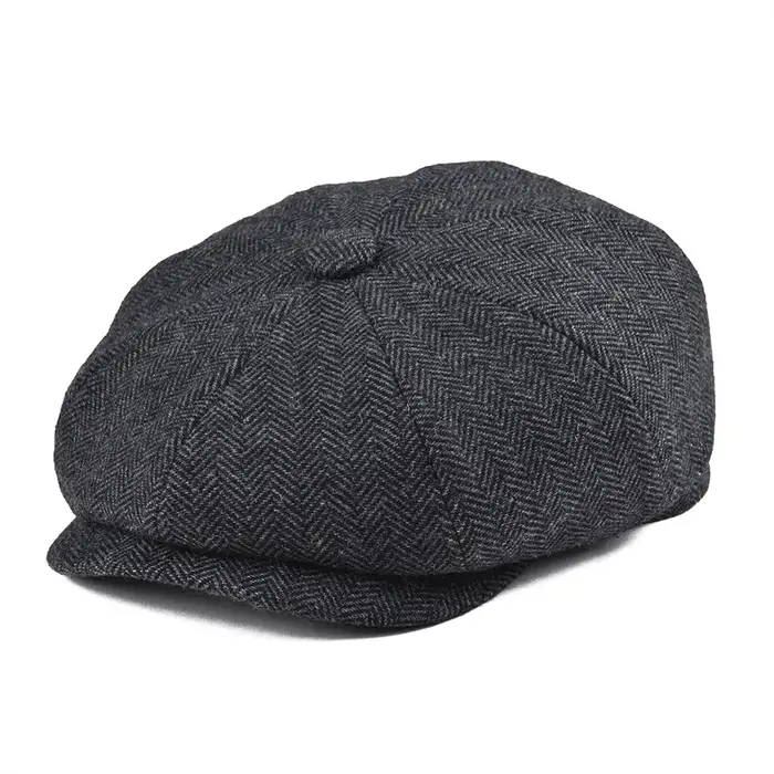 Casquette Gavroche Classique BOTVELA en Laine Tweed à 8 Panneaux Noir Motif Chevrons pour Homme, Cas