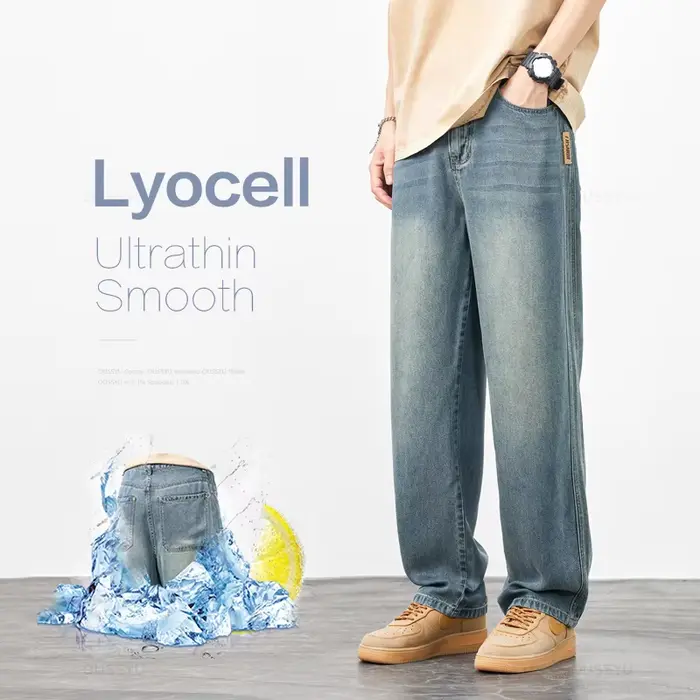 Jeans pour hommes en tissu lyocell doux et confortable de qualité supérieure, coupe ample, jambe lar