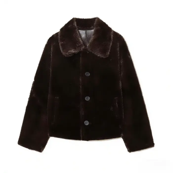 Veste femme 2025 automne/hiver nouveautés marron foncé à manches longues en simili cuir veste révers
