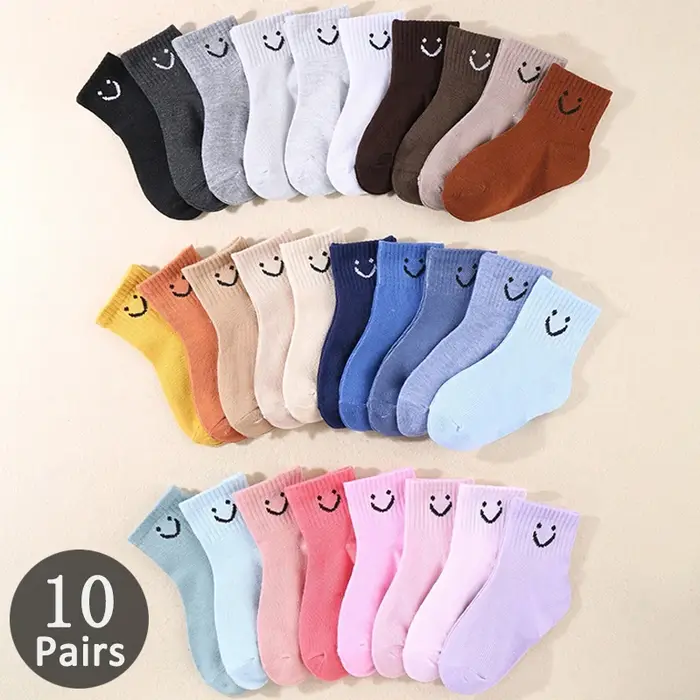 10 paires de chaussettes mi-mollet pour enfants, jolies chaussettes de couleur unie à motif de visag