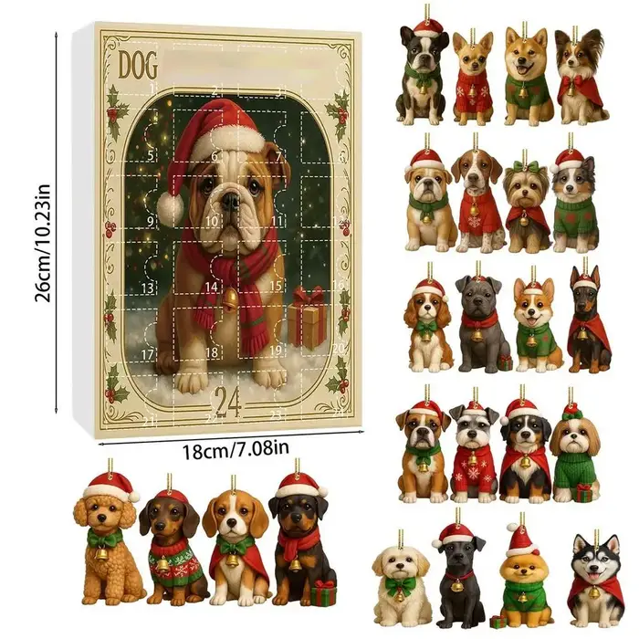 Calendrier de l'Avent pour chien de 24 jours avec breloques en acrylique 2D – Ornement de compte à r