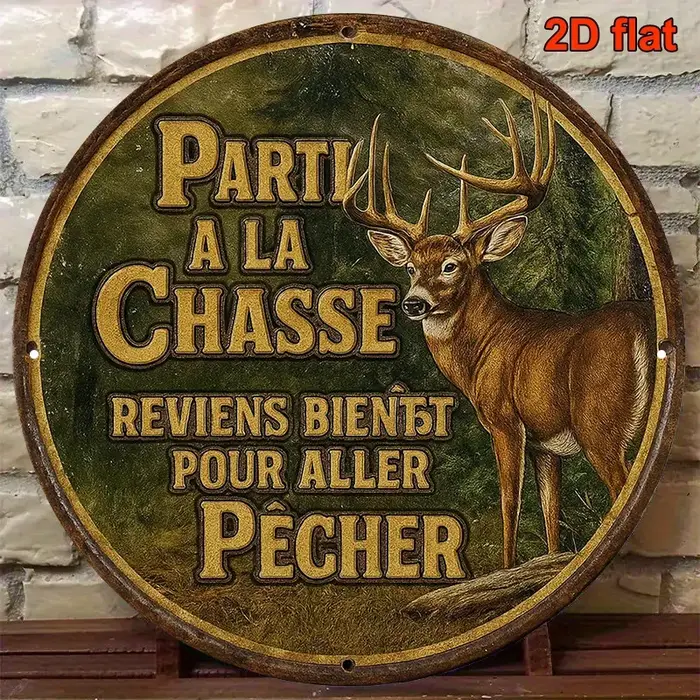 Plaque murale vintage 2D en métal, style rétro rustique, motif cerf de chasse et de pêche, pour déco