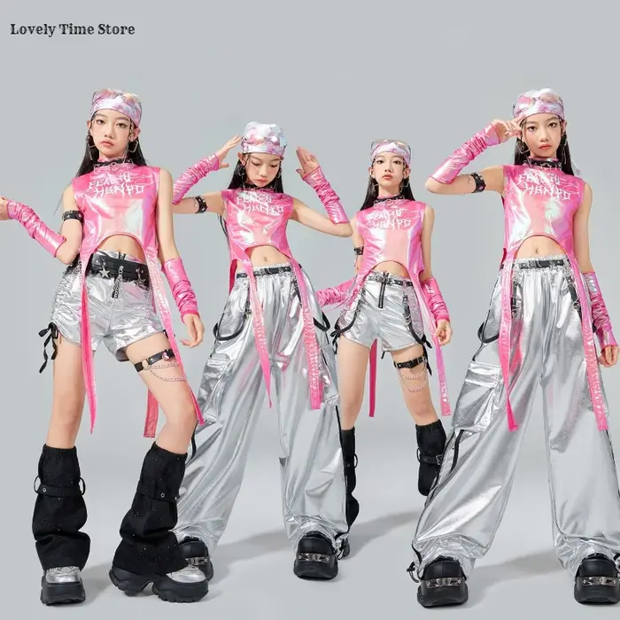 Hip Hop filles doux brillant haut court argent Cargo pantalon enfants k-pop Jazz danse vêtements ens
