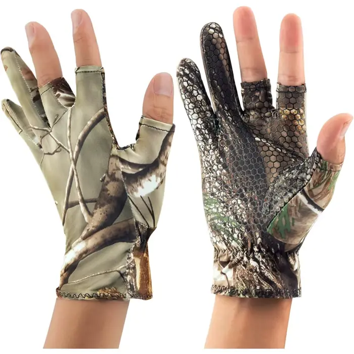 Gants de pêche camouflage mi-mains 3 doigts anti-dérapants fins pour chasse et vélo - Coupe élastique