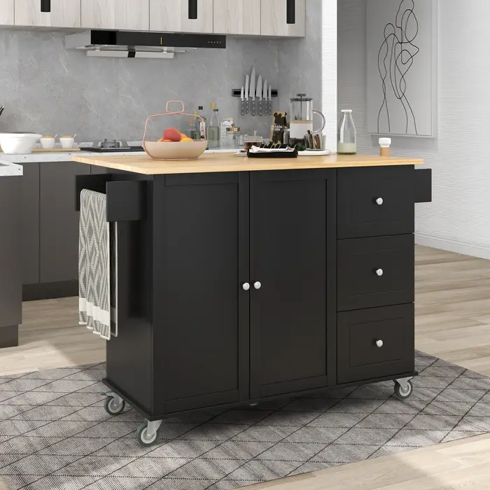 Îlot de cuisine mobile roulant avec plateau en bois massif et roues de verrouillage, armoire de rang