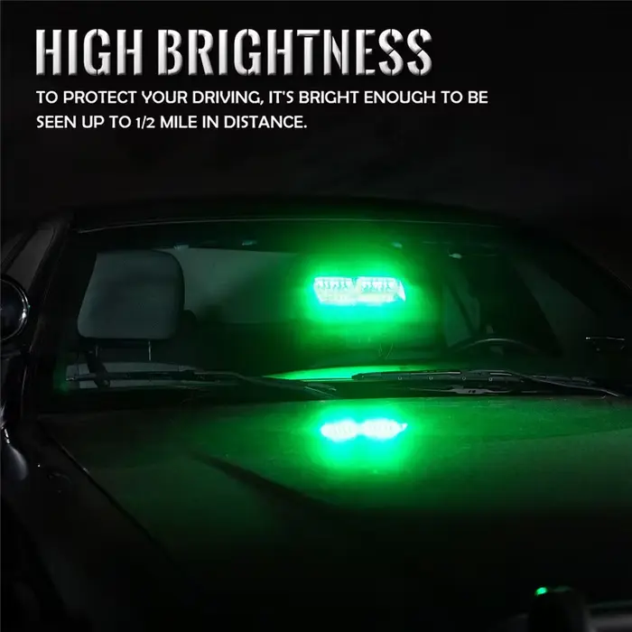 Barre lumineuse stroboscopique verte pour pare-brise, 16LED, tableau de bord, voyant de danger d'urg