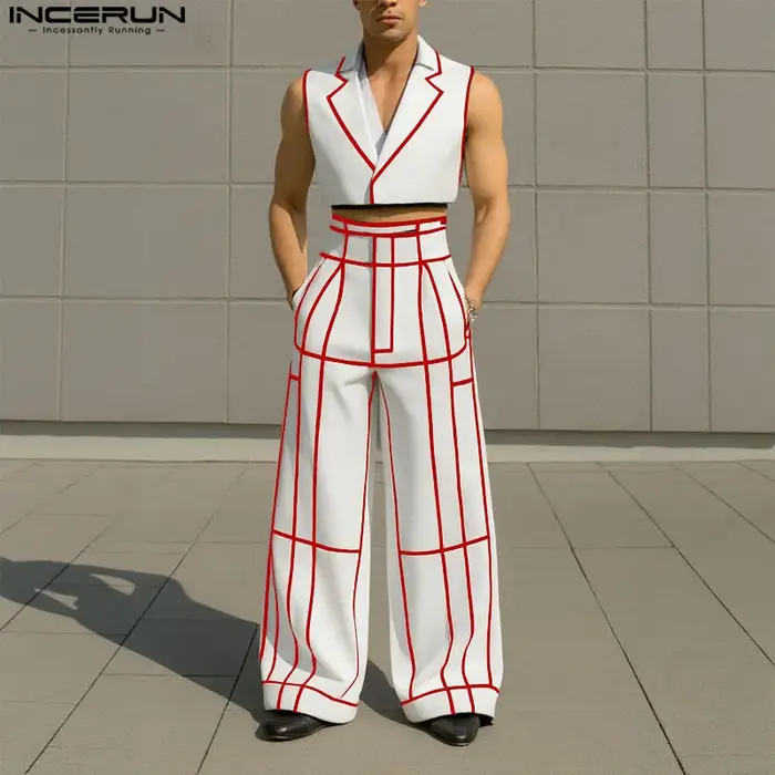 INCERUN hommes ensembles Patchwork revers sans manches gilets courts et pantalons à jambes larges de