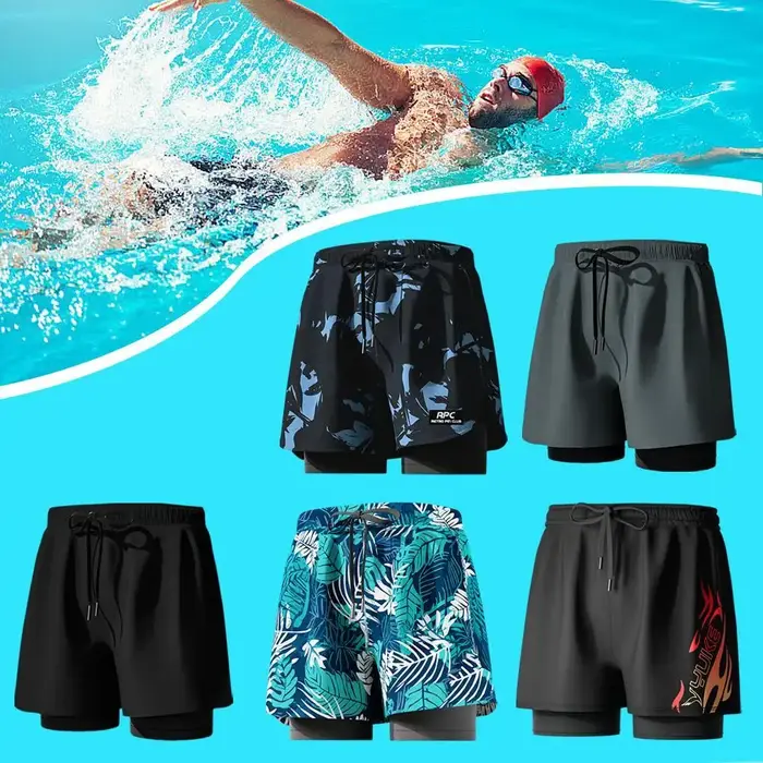 Maillot de bain 2 en 1 pour hommes, avec doublure de Compression, extensible, séchage rapide, short 