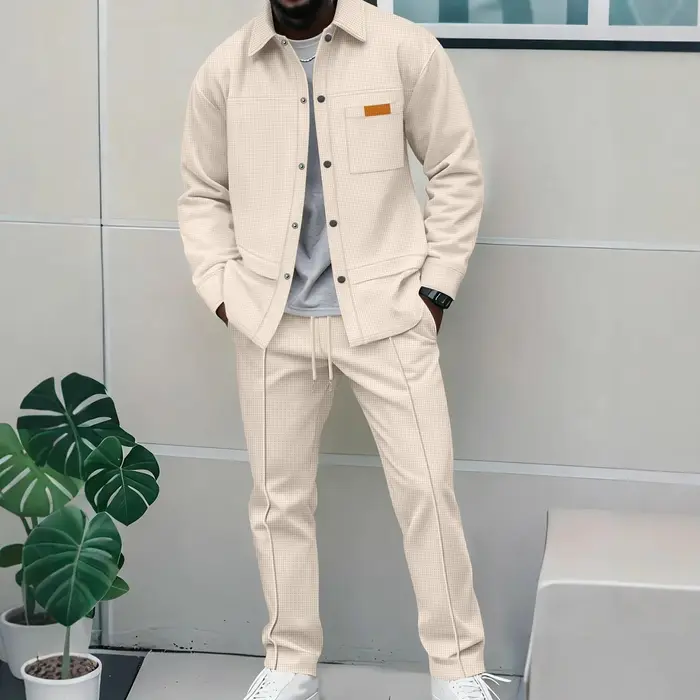 Ensemble veste et pantalon décontracté pour homme, nouveau style 2026, en tissu gaufré uni, avec col