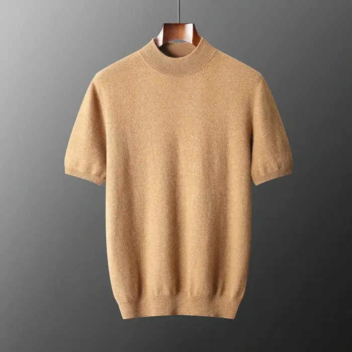 Pull à manches courtes en cachemire pur pour hommes, pull en tricot décontracté, ample, col semi-hau