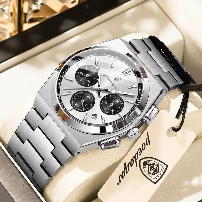 Montre homme chronographe POEDAGAR classique acier inoxydable étanche avec date et aiguilles lumineuses