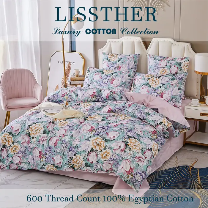 Ensemble de housse de couette 100% coton égyptien 600TC, 3 pièces, motif Floral de jardin rose paste