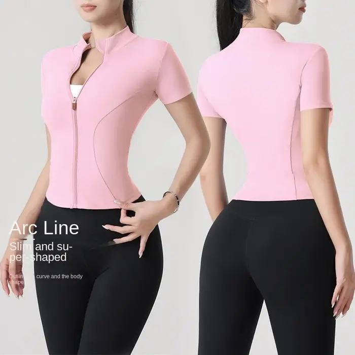 Veste de yoga à manches courtes, haute élasticité, col montant, veste de sport serrée, nue, fitness,