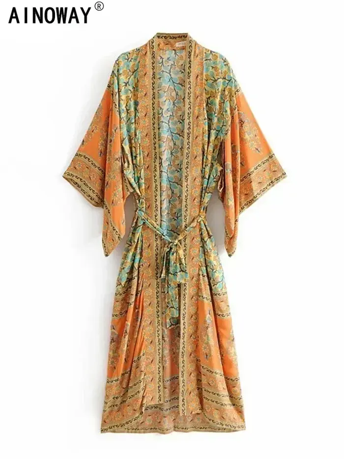 Kimono plage vintage fleuri jaune - Robe maxi manches chauve-souris - Couverture bikini bohème