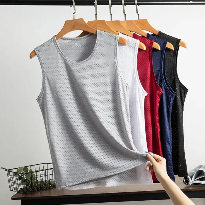 Nouveaux hommes maille gilet glace soie séchage rapide musculation débardeurs Fitness Muscle sans ma