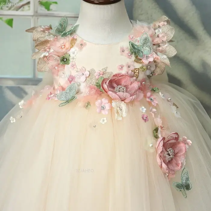 Robe Lolita pour filles, fleurs 3D, tulle bouffant, perles, robe de princesse pour demoiselle d'honn