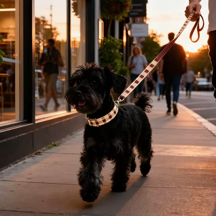 Ensemble de collier en cuir rayé pour chiot élégant à offrir pour chiens de petite taille sorties en famille
