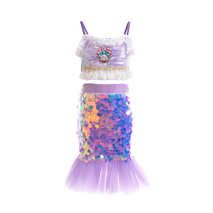 Ensemble de vêtements de petite sirène pour enfants, tenue de vacances en émail, vêtements à paillet