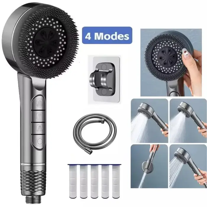 Pomme de douche haute pression 4 modes économie eau arrêt instantané massage avec filtre accessoire salle bain