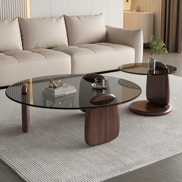 Table basse rétro avec plateau en verre, Style Vintage, Base en bois irrégulière, Table centrale de 