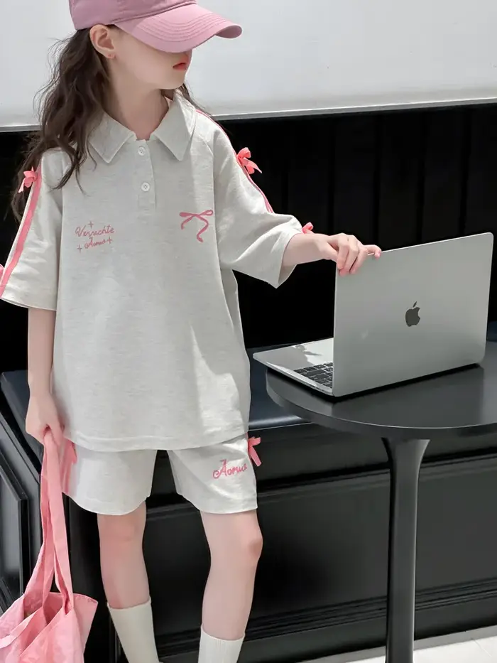 T-Shirt de sport d'été pour filles, costume avec nœud en sangle, pour grands enfants, Version coréen
