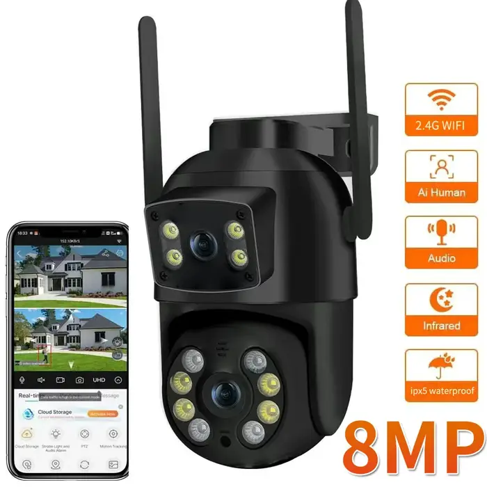 Caméra PTZ WiFi 8MP 4K double objectif AI détection humaine - Surveillance extérieure chasse