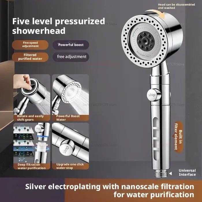 Pommeau de douche 5 modes économiseur d'eau ABS - Douchette spa portable avec filtre intégré