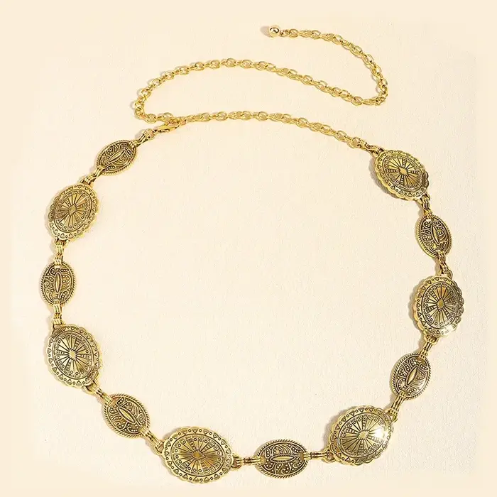 Chaîne de taille en métal pour femmes, accessoires de style rétro, cercle décoratif sculpté, ceintur
