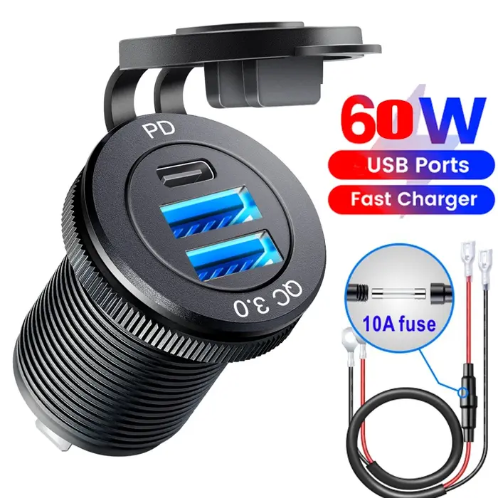 Tomada-Adaptateur de Port USB pour Voiture, Bateau, Marine, Camion, Moto, 12V, PD Type C et QC3.0