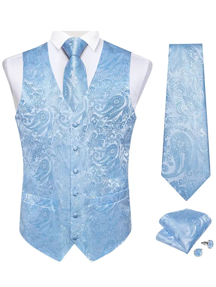 Ensemble gilet et cravate pour homme à motif cachemire – Gilet formel avec pochette de poche, idéal 