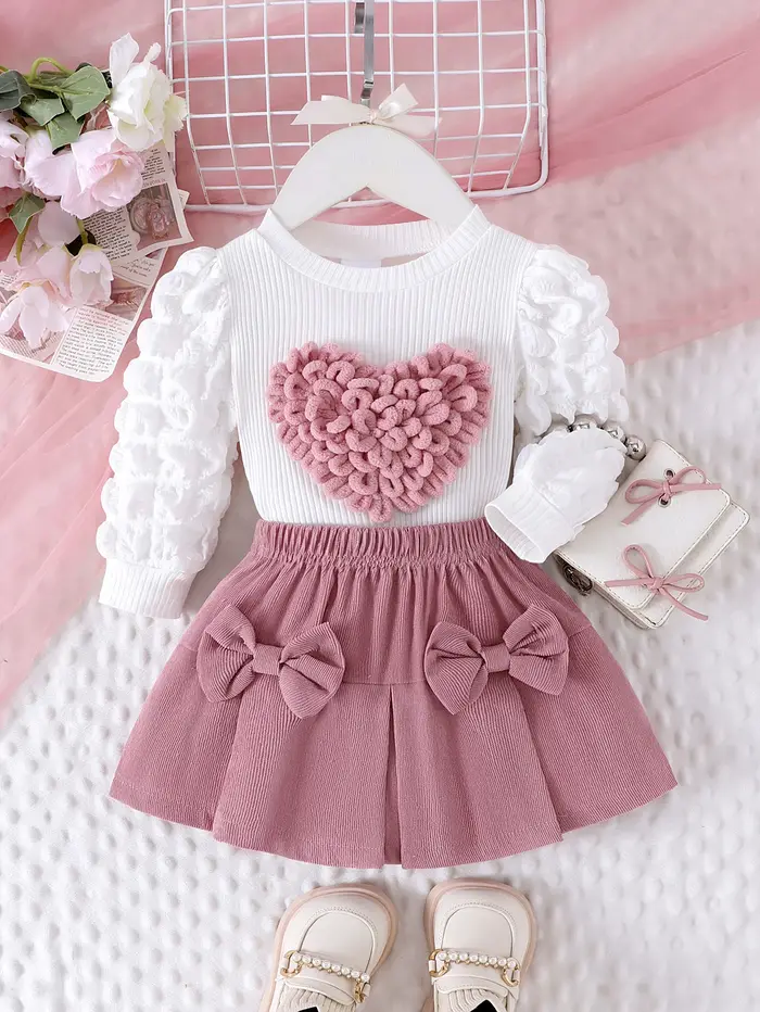 Ensemble 2 pièces d'hiver pour filles de 0 à 3 ans, manches à bulles confortables, douces et mignonn