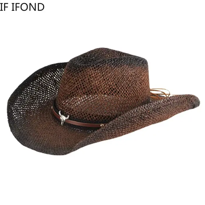 Chapeau de cowboy occidental pour hommes et femmes, tissé à la main, creux, été, extérieur, plage, s