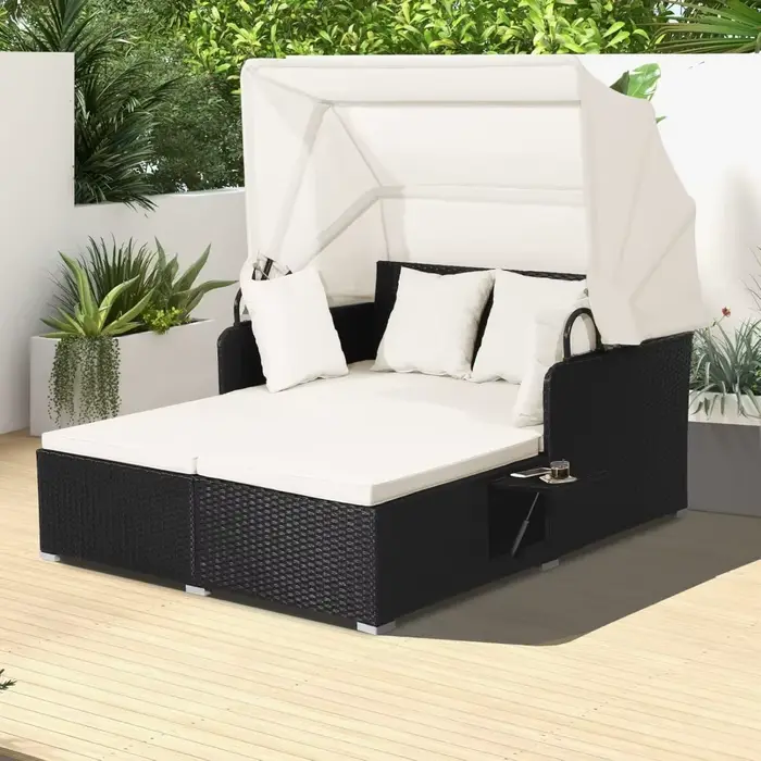 Lit de repos en rotin pour patio, chaise longue en osier Patiojoy avec auvent rétractable, 2 panneau