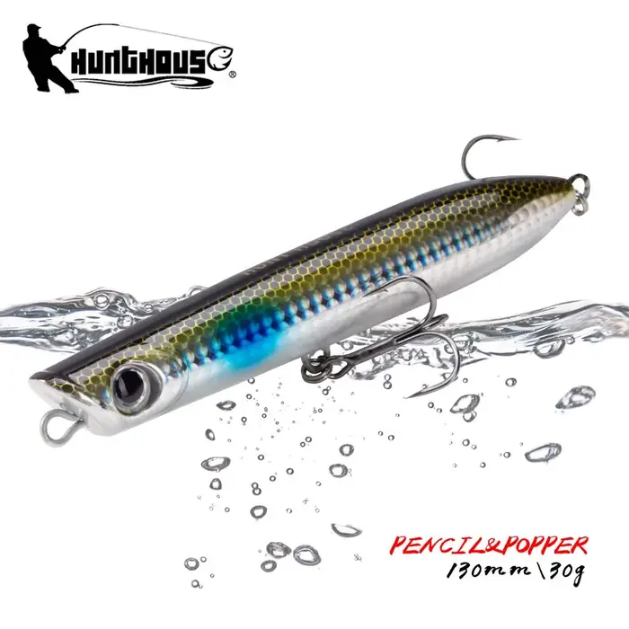 Leurre de pêche Hunthouse Surface Popper 130mm popper dur pour thon et bar rayé en eau de surface océanique pour pêcheurs amateurs et professionnels