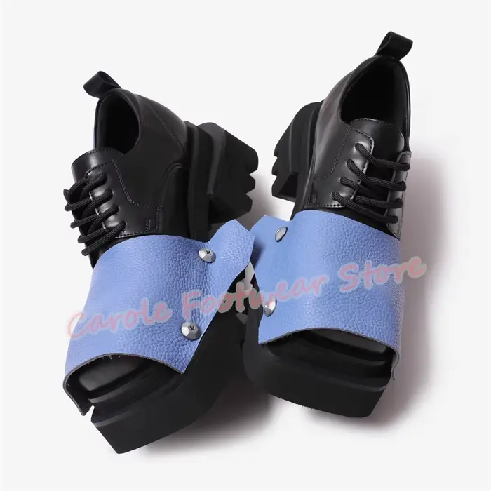 Mode couleur mixte cuir épissage Derby chaussures pour hommes Punk Rivet bout carré talon épais moca