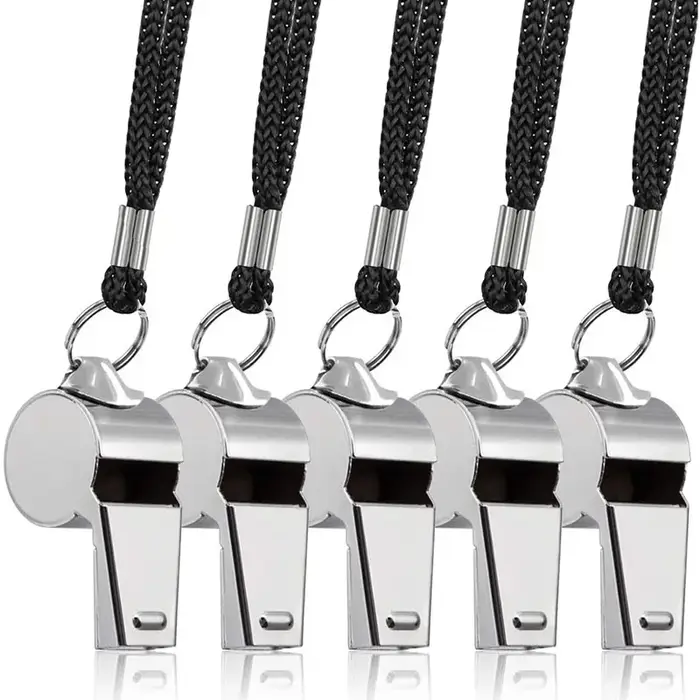 5 paquets de sifflet en acier inoxydable, sifflet métallique fort avec lanière, sifflet d'arbitre pr