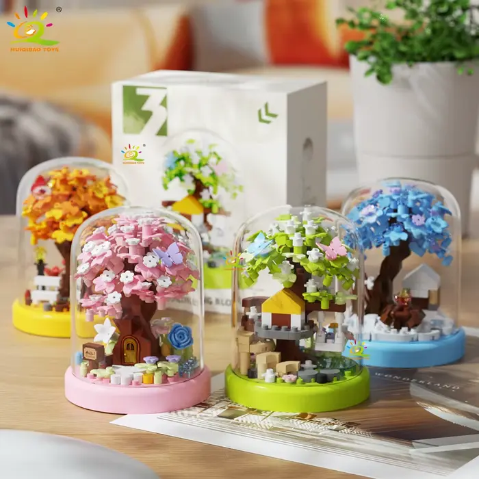 HUIQIBAO MOC Mini maison dans les arbres quatre saisons avec boîte d'affichage modèle Micro bloc de 