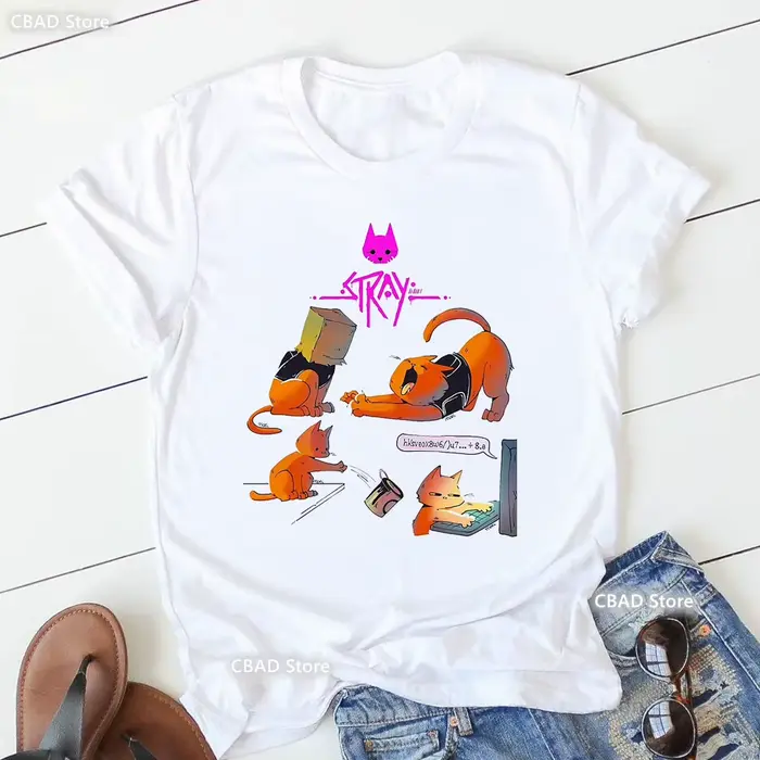 T-shirt imprimé graphique Stray Game pour femmes, vêtements pour femmes, t-shirt blanc drôle, chemis