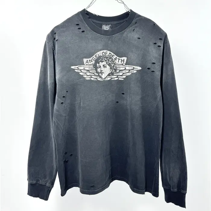 Vintage petit ange trou Saint manches longues lavé t-shirt hommes femmes haute qualité t-shirt hauts