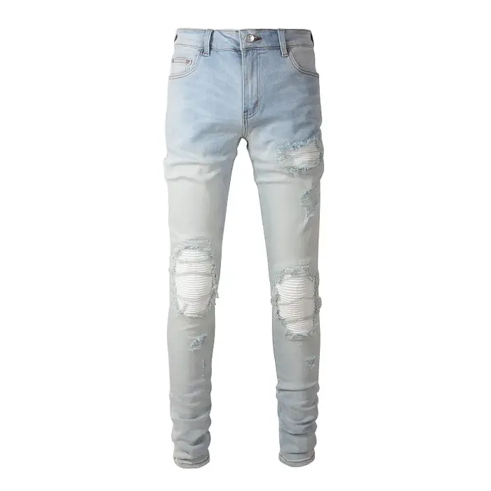 Jean de motard bleu clair pâle pour hommes, Patch plissé craquelé, pantalon en Denim extensible, Str