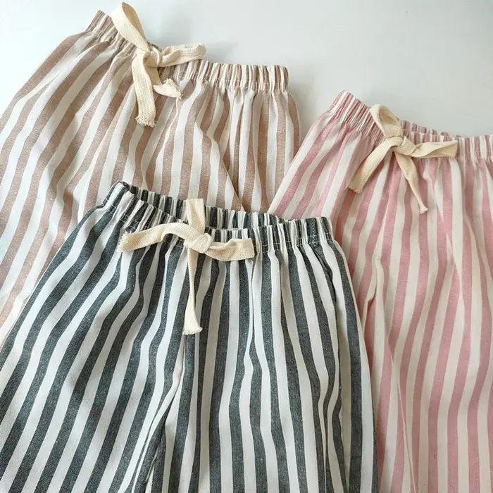 Pantalon à rayures en coton et lin pour garçon et fille, style décontracté, été automne