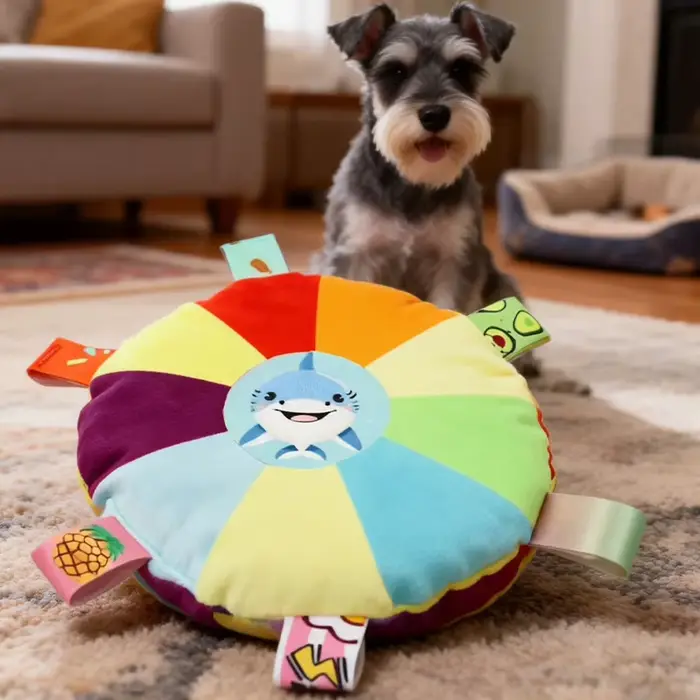 Jouet en peluche sonore pour chien, jouet frisbee de dessin animé avec clochette, jouet à mâcher pou